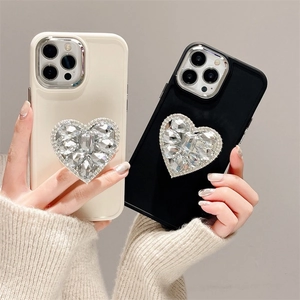 Coque De Téléphone Avec Support Coeur En Strass Cadre Galvanisé Couverture En Silicone Souple Coeur Zircon Brillant Pour Femmes Filles
