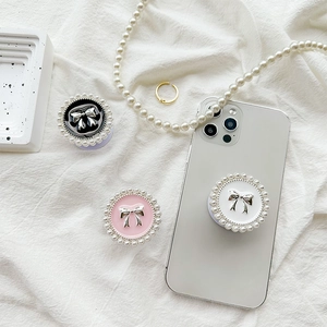 Round Mobile Phone Grip Stand Alloy Bowknot Faux Artificial Pearl Edge Retractable Adhesive Bracket Desktop Support Elegant Fashion Style
