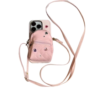 Pink crossbody phone case for iPhone 16 Pro Max with heart rhinestone mini backpack wallet