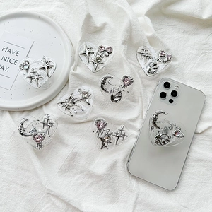 Heart Shaped Phone Griptok Stand Transparent Resin Silver Foil Star Moon Bow Charms Y2K Aesthetic For Women Girls
