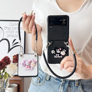 Folding Phone Case Leather Texture Cartoon Little Devil Figures Braided Hand Strap Handle Stylish Protective Cover