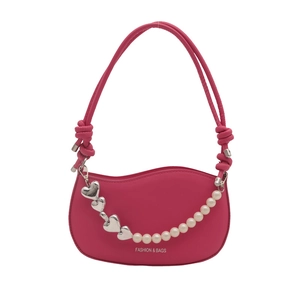Rose red crescent saddle bag with heart chain and pearl decor for stylish women