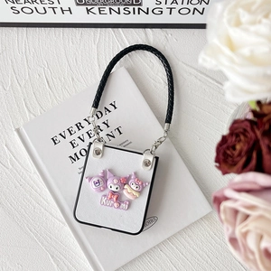 Detail of white Kuromi folding case for Samsung Z Flip with leather woven strap