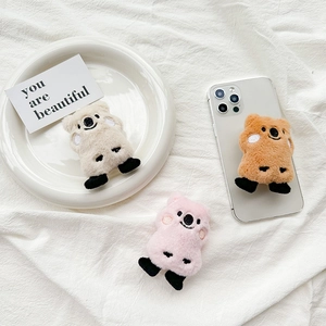 Cute plush bear phone grip socket featuring soft embroidery and retractable stand design