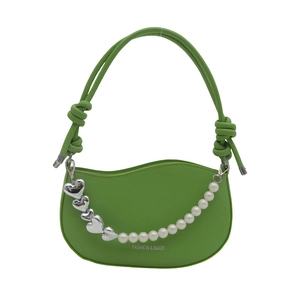 Grass green PU leather shoulder bag with pearl heart chain and stylish knotted strap