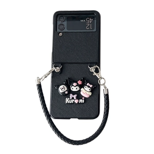 Black cross-grain Kuromi case for Galaxy Z Flip with a detachable woven wrist strap