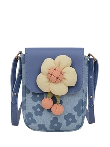 Mini sac bandoulière à fleurs bleues avec fleur 3D et breloques pompons roses