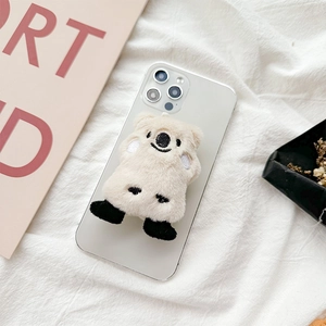 Cute plush quokka collapsible phone socket holder for desktop stand on minimalist beige case