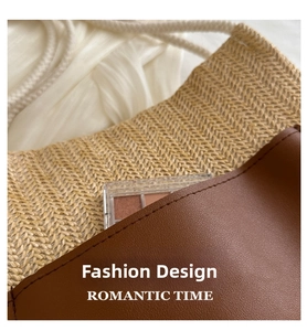 Détail de la paille tressée et du cuir marron sur un sac à main bandoulière élégant