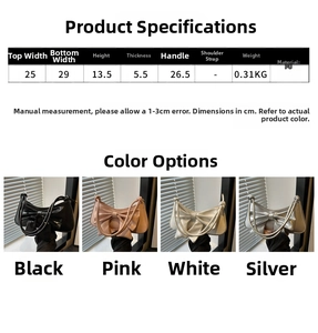 Size chart showing 29x13.5x5.5cm dimensions and color options for the bow shoulder bag