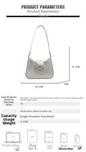 Detailed size chart showing dimensions and capacity of the silver PU leather handbag
