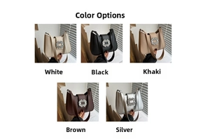 Detail view of stylish women's PU leather handbags featuring iconic crystal square buckles