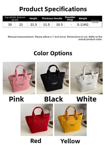 Size chart and dimensions for canvas tote bag showing height width and handle details
