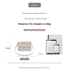 Size chart showing PU leather crossbody bag dimensions 34x26x2cm with A4 and iPad comparison