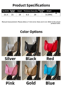 Detailed size chart and color selection for minimalist metallic PU hobo underarm bag