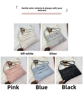 Collage of pleated envelope clutch bags in white, silver, pink, blue, and black