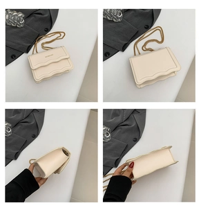 Detailed four-angle view of beige chain crossbody bag with scalloped flap and gold hardware
