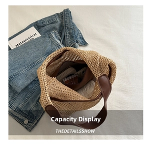 Top view of woven tote bag showing large capacity with interior pouch and wallet