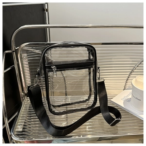 Detail view of transparent PVC crossbody bag with black trim and adjustable strap