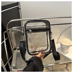 Detail of transparent PVC crossbody bag featuring black nylon straps and metal zippers