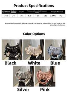 Size guide for pleated crossbody bag with pearl chain details showing PU material specs