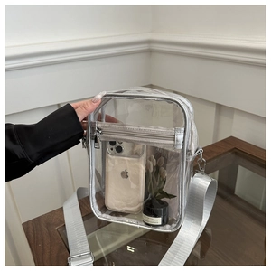 Detail showing the transparent PVC crossbody bag with silver trim and dual zipper pockets