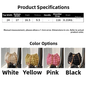 Size specifications and four color options for the bubble pleated chain bucket bag