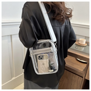 Detailed view of clear PVC crossbody bag showing capacity for phone and skincare