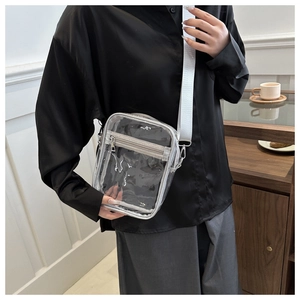 Detail of transparent PVC crossbody bag with wide white fabric strap and silver zipper closure