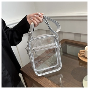 Detailed view of clear PVC crossbody bag showing dual compartments and silver zipper