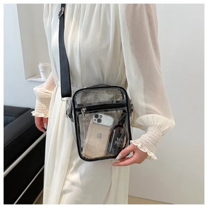 Detail of transparent PVC crossbody bag showing storage capacity and adjustable strap