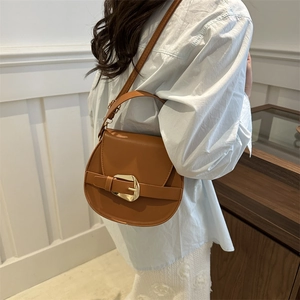 Elegant brown PU leather saddle bag with gold metal horsebit detail for women