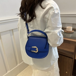 Chic klein blue PU leather saddle bag with large gold buckle and adjustable strap