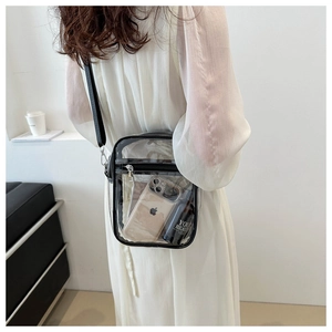 Detail view of transparent PVC crossbody bag showing capacity for phone and cosmetics