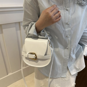 Elegant white semi-circular leather saddle bag with gold metal buckle for women