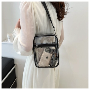 Detailed view of clear PVC waterproof crossbody bag with black trim and daily essentials