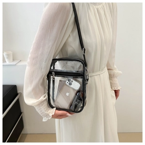 Detailed view of the clear PVC crossbody bag showing black trim and adjustable strap