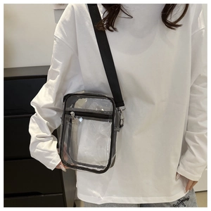 Transparent PVC crossbody bag with black straps shown on a model for daily casual wear