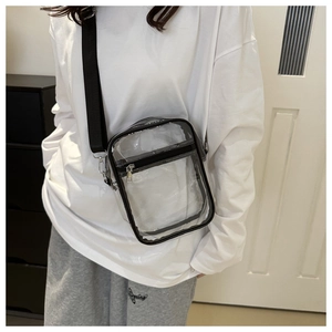Detail of transparent PVC crossbody bag with black trim and adjustable nylon strap