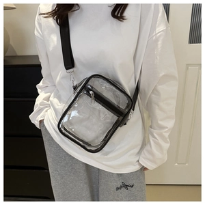 Detailed shot of transparent PVC crossbody bag with black leather trim and adjustable strap