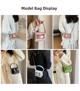 Multiple views of mini square chain bags in pink, black, white and green on models