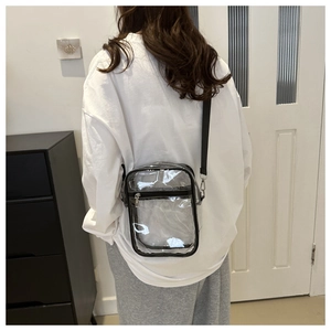 Rear view of transparent PVC crossbody bag showing the adjustable strap and size on model