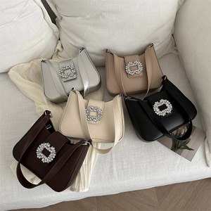 Women PU Leather Underarm Bag With Large Rhinestone Square Buckle French Style Small Hobo Baguette Bag Summer Daily