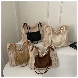 Straw tote bags with leather pockets in four colors for women's summer vacation style
