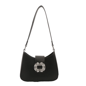 Elegant black matte leather shoulder bag with a large silver square rhinestone buckle design