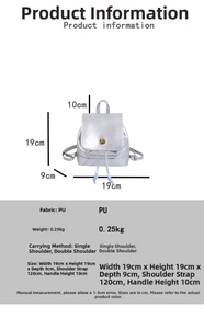 Silver PU leather mini backpack showing 19cm dimensions and detailed size parameters