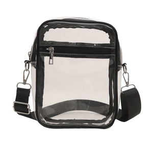 Transparent PVC crossbody bag with black trim and adjustable shoulder strap for women