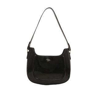 Glossy black patent leather crescent shoulder bag with minimalist embossed detail