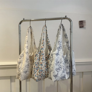Butterfly Floral Print Tote Bag Large Capacity Canvas Cotton Fabric Shoulder Handbag French Retro Commuter Women