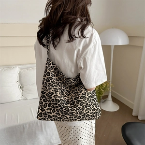 Nylon leopard print tote bag with large capacity and wide shoulder strap for women